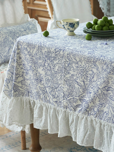 Cotton Rectangle Tablecloth for Dining Room Table, Natural Spring Farmhouse Table Cloth, Blue Flower Pattern Cotton Tablecloth, Square Tablecloth for Round Table-Paintingforhome