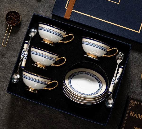Blue Bone China Porcelain Tea Cup Set, Elegant British Ceramic Coffee Cups, Unique British Tea Cup and Saucer in Gift Box-Paintingforhome