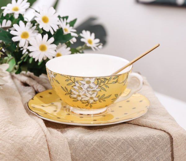 Creative Yellow Ceramic Coffee Cups, Unique Flower Coffee Cups and Saucers, Beautiful British Tea Cups, Creative Bone China Porcelain Tea Cup Set-Paintingforhome
