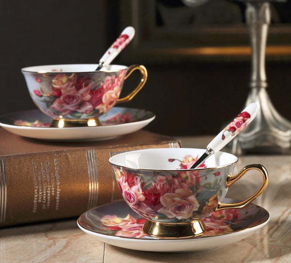 Ceramic Tea Cups and Saucers in Gift Box, Rose Flower Royal Bone China Porcelain Tea Cup Set, Elegant Ceramic Coffee Cups, Beautiful British Tea Cups-Paintingforhome