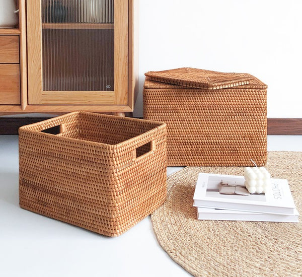 Square Storage Basket with Lid, Extra Large Storage Baskets for Clothes, Rattan Storage Basket for Shelves, Oversized Storage Baskets for Kitchen-Paintingforhome