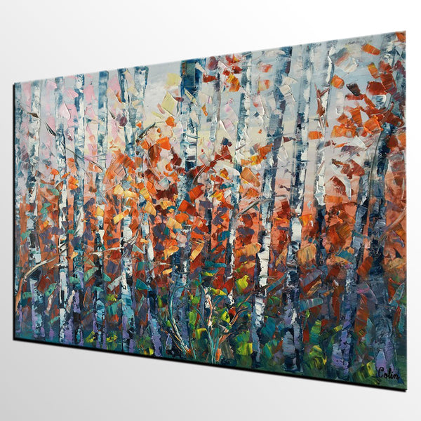 Canvas Art, Birch Tree Wall Art, Abstract Painting, Living Room Wall Art, Original Artwork, Custom Canvas Painting-Paintingforhome