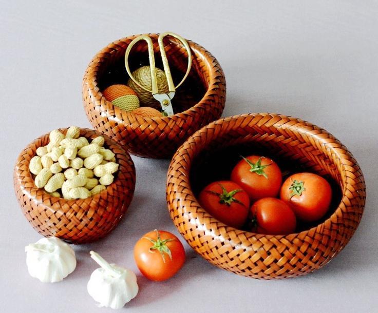 Farmhouse Small Storage Basket, Woven Snacks Basket, Bamboo Storage Basket, Round Storage Basket for Kitchen, Set of 3-Paintingforhome