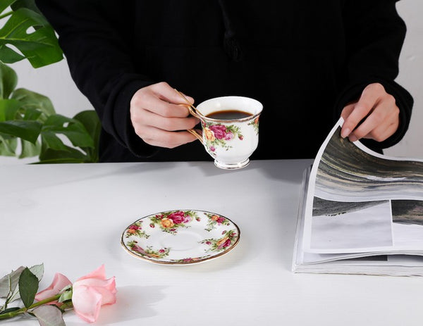 Beautiful British Flower Tea Cups, Unique Porcelain Cup and Saucer, Elegant Ceramic Coffee Cups, Creative Bone China Porcelain Tea Cup Set-Paintingforhome
