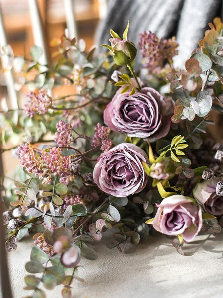 Artificial Floral for Bedroom, Bunch of Purple Rose Flowers, Eucalyptus globulus, Botany Plants, Creative Flower Arrangement Ideas for Home Decoration-Paintingforhome