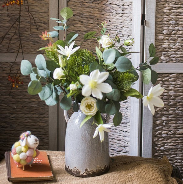Eucalyptus Globulus, Clematis, White Rose Flowers, Unique Flower Arrangement for Home Decoration, Beautiful Modern Artificial Flowers for Dining Room Table-Paintingforhome