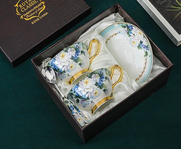 Elegant British Ceramic Coffee Cups, Unique Tea Cup and Saucer in Gift Box, Royal Bone China Porcelain Tea Cup Set, Rose Flower Pattern Ceramic Cups-Paintingforhome