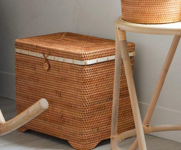 Large Rectangular Storage Basket with Lid, Rattan Storage Case, Storage Baskets for Bedroom, Rectangular Woven Storage Baskets for Clothes-Paintingforhome