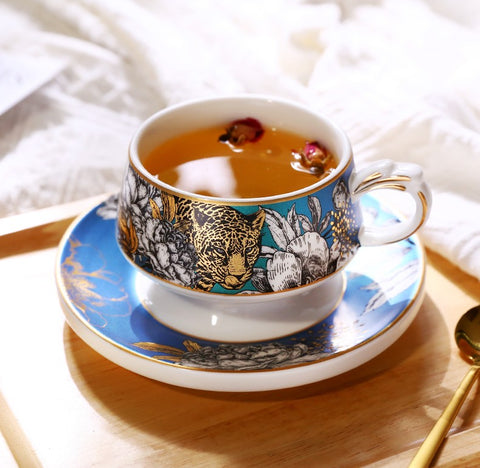 Creative Ceramic Tea Cups and Saucers, Jungle Tiger Cheetah Porcelain Coffee Cups, Unique Ceramic Cups with Gold Trim and Gift Box-Paintingforhome