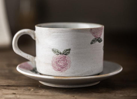 Cappuccino Coffee Mug, Rose Flower Pattern Coffee Cup, Tea Cup, Pottery Coffee Cups, Coffee Cup and Saucer Set-Paintingforhome