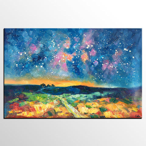 Starry Night Landscape Painting, Large Canvas Art Painting, Custom Large Oil Painting-Paintingforhome