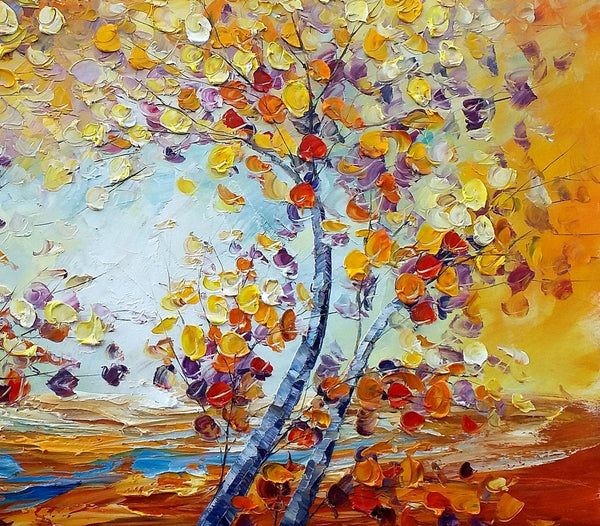 Heavy Texture Canvas Art, Autumn Tree Landscape Art, Custom Canvas Painting for Living Room-Paintingforhome