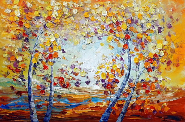 Heavy Texture Canvas Art, Autumn Tree Landscape Art, Custom Canvas Painting for Living Room-Paintingforhome