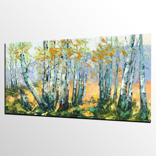 Custom Dining Room Wall Art, Landscape Painting, Birch Tree Painting, Impasto Canvas Art-Paintingforhome