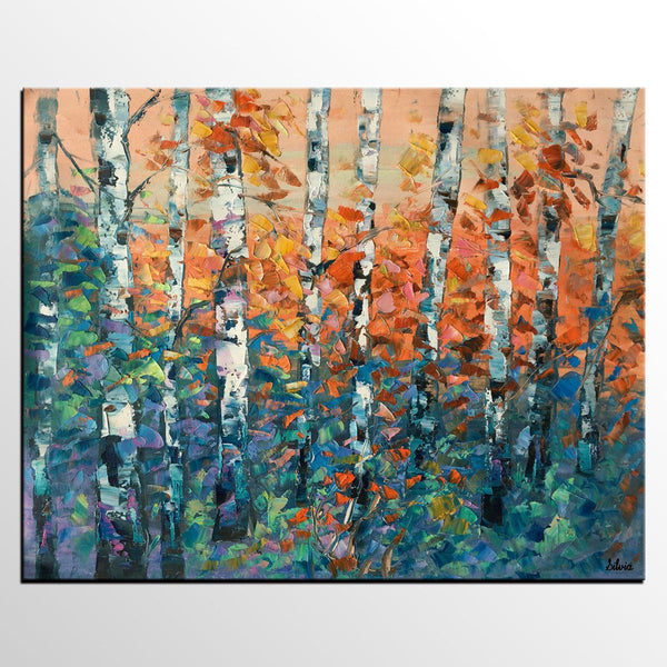Birch Tree Painting, Large Oil Painting, Custom Canvas Artwork, Canvas Painting for Bedroom-Paintingforhome