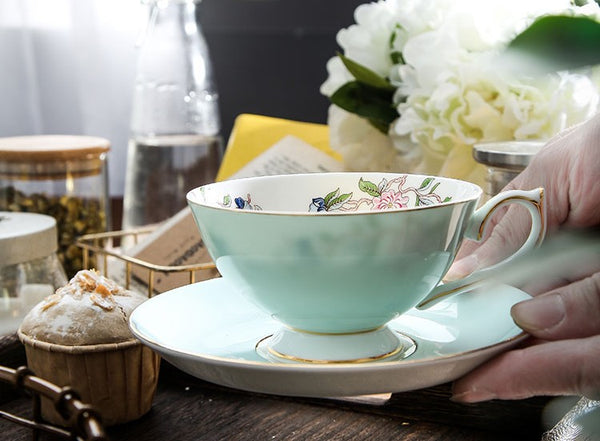 Elegant Sky Green Ceramic Cups, Unique Royal Coffee Cup and Saucer, Creative Bone China Porcelain Tea Cup Set, Beautiful British Tea Cups-Paintingforhome