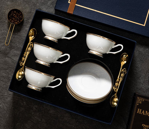 Elegant British Ceramic Coffee Cups, Bone China Porcelain Coffee Cup Set, White Ceramic Cups, Unique Tea Cup and Saucer in Gift Box-Paintingforhome