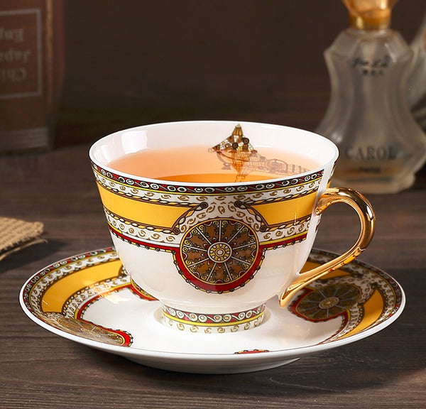 Handmade Beautiful British Tea Cups, Creative Bone China Porcelain Tea Cup Set, Yellow Royal Ceramic Coffee Cups, Unique Tea Cups and Saucers-Paintingforhome