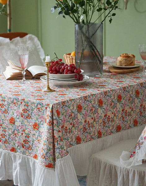 Extra Large Rectangle Tablecloth for Dining Room Table, Natural Spring Flower Farmhouse Table Cloth, Flower Pattern Cotton Tablecloth, Square Tablecloth for Round Table-Paintingforhome