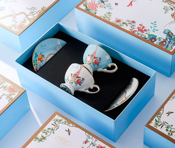Beautiful Bird Pattern Tea Cups, Creative Bone China Porcelain Tea Cup Set, Elegant Oriental Pheasant Ceramic Cups and Saucers in Gift Box-Paintingforhome