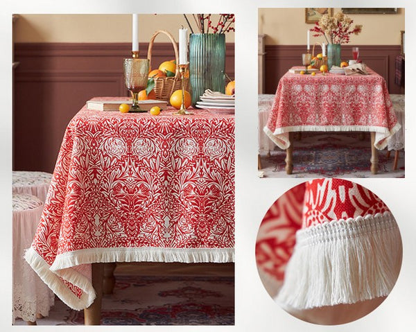 Large Fiberflax Rectangle Tablecloth for Home Decoration, Red Flower Pattern Tablecloth for Holiday Decoration, Square Tablecloth for Round Table-Paintingforhome