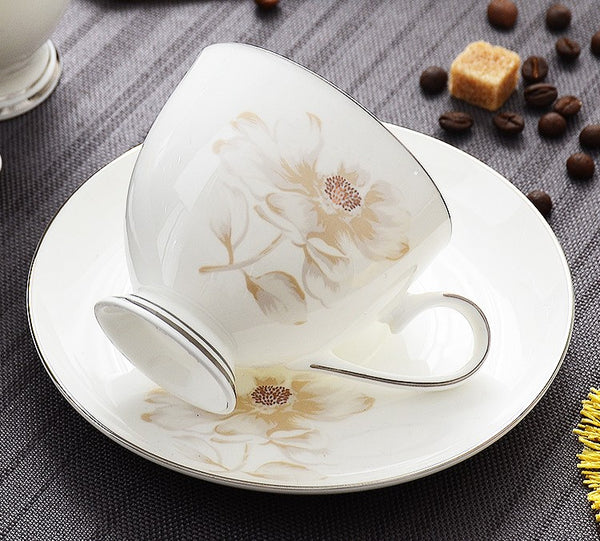 Elegant Flower Pattern Ceramic Coffee Cups, Beautiful British Tea Cups, Unique Porcelain Cup and Saucer, Creative Bone China Porcelain Tea Cup Set-Paintingforhome