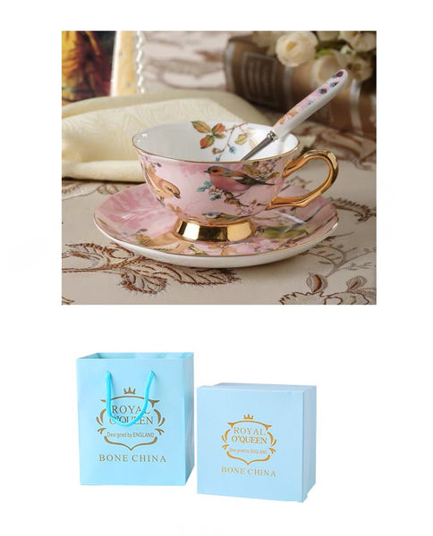 Elegant Ceramic Coffee Cups, Beautiful British Tea Cups, Bird Bone China Porcelain Tea Cup Set, Tea Cups and Saucers in Gift Box as Birthday Gift-Paintingforhome
