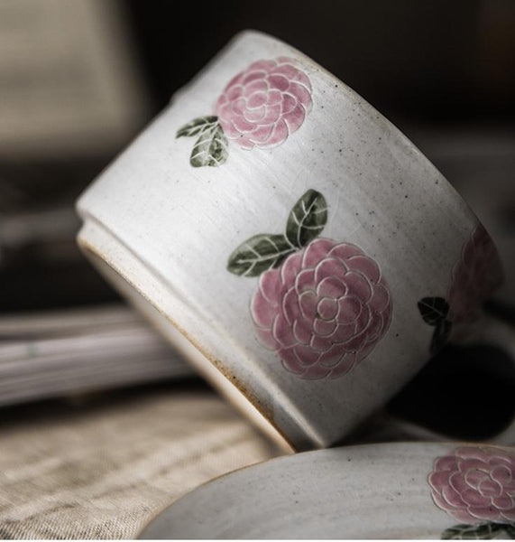 Cappuccino Coffee Mug, Rose Flower Pattern Coffee Cup, Tea Cup, Pottery Coffee Cups, Coffee Cup and Saucer Set-Paintingforhome