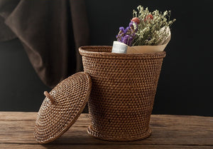 Indonesia Hand Woven Storage Basket with Cover, Natural Fiber Basket, Small Rustic Basket-Paintingforhome