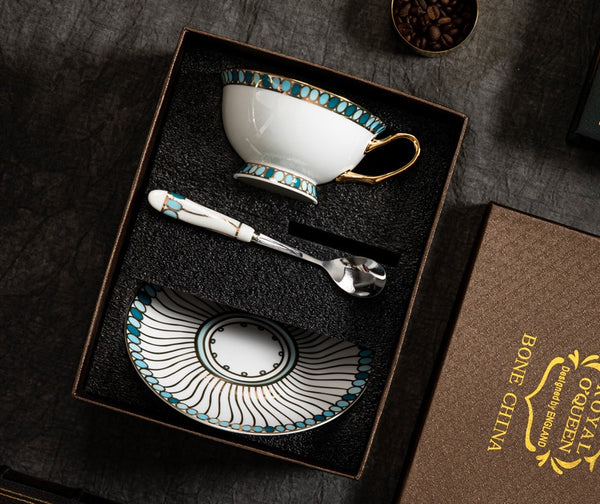 Unique Tea Cup and Saucer in Gift Box, Elegant British Ceramic Coffee Cups, Bone China Porcelain Tea Cup Set for Office, Green Ceramic Cups-Paintingforhome