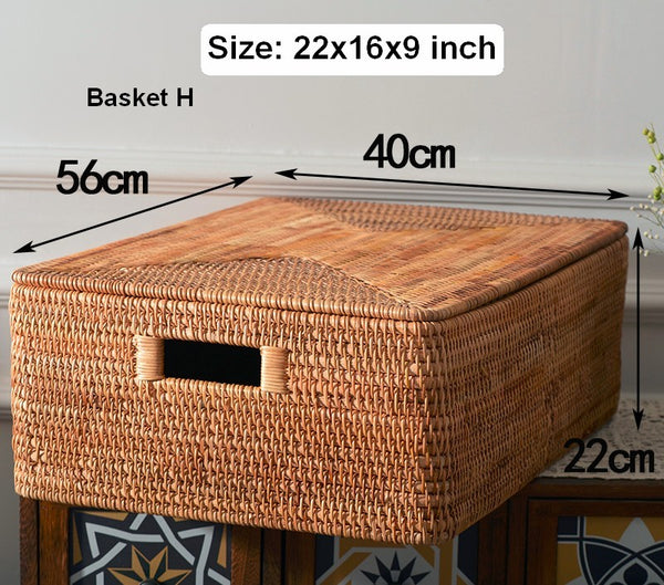 Oversized Rectangular Storage Basket with Lid, Woven Rattan Storage Basket for Shelves, Storage Baskets for Bedroom, Extra Large Storage Baskets for Clothes-Paintingforhome
