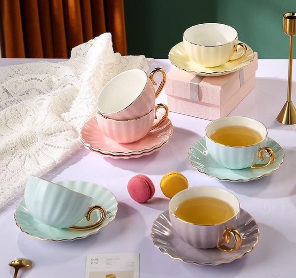 Macaroon Ceramic Coffee Cups, Unique Tea Cups and Saucers in Gift Box as Birthday Gift, Beautiful Elegant British Tea Cups, Creative Bone China Porcelain Tea Cup Set-Paintingforhome