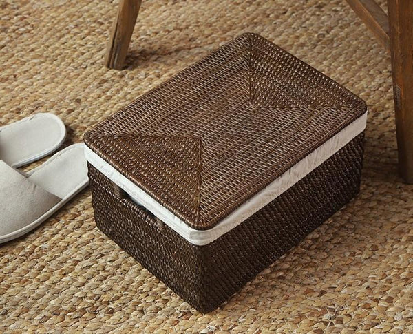 Storage Baskets for Bathroom, Rectangular Storage Baskets, Storage Basket with Lid, Storage Baskets for Clothes, Large Brown Rattan Storage Baskets-Paintingforhome