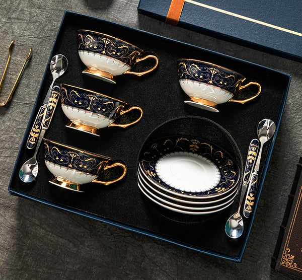 Bone China Porcelain Tea Cup Set, Unique Blue Tea Cup and Saucer in Gift Box, Royal Ceramic Cups, Elegant Ceramic Coffee Cups-Paintingforhome