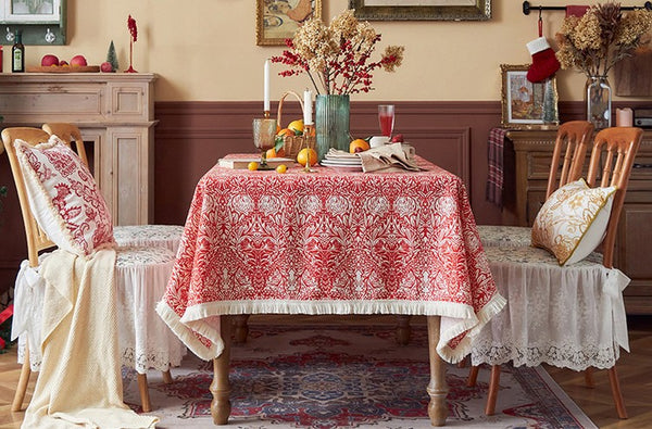 Large Fiberflax Rectangle Tablecloth for Home Decoration, Red Flower Pattern Tablecloth for Holiday Decoration, Square Tablecloth for Round Table-Paintingforhome