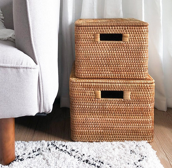 Square Storage Basket with Lid, Extra Large Storage Baskets for Clothes, Rattan Storage Basket for Shelves, Oversized Storage Baskets for Kitchen-Paintingforhome