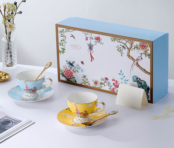 Elegant Oriental Pheasant Ceramic Cups, Beautiful Bird Pattern Tea Cups, Creative Bone China Porcelain Tea Cup Set, Unique Tea Cups and Saucers in Gift Box-Paintingforhome