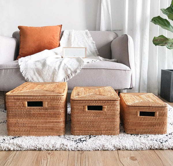 Kitchen Storage Baskets, Rectangular Storage Basket with Lid, Rattan Storage Baskets for Clothes, Storage Baskets for Living Room-Paintingforhome