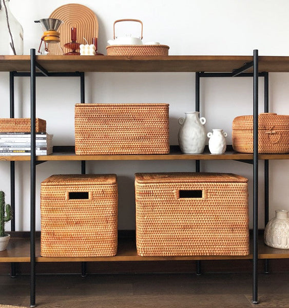 Large Storage Baskets for Clothes, Laundry Woven Baskets, Rattan Storage Baskets for Shelves, Kitchen Storage Baskets, Rectangular Storage Basket with Lid-Paintingforhome