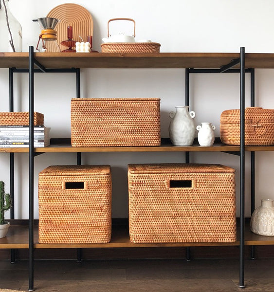 Rectangular Storage Basket with Lid, Rattan Storage Baskets for Shelves, Kitchen Storage Baskets, Storage Baskets for Clothes, Laundry Woven Baskets-Paintingforhome