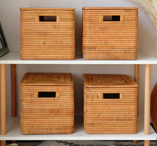 Kitchen Storage Baskets, Rectangular Storage Basket with Lid, Rattan Storage Baskets for Clothes, Storage Baskets for Living Room-Paintingforhome