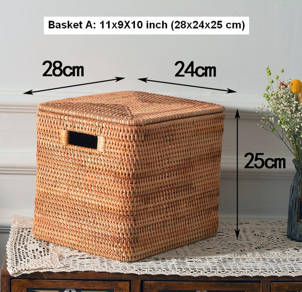 Rectangular Storage Basket with Lid, Woven Rattan Storage Basket for Shelves, Storage Baskets for Bedroom, Pantry Storage Baskets-Paintingforhome