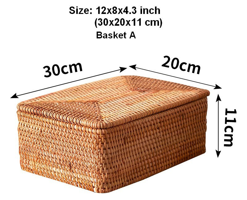 Woven Rattan Baskets, Rectangular Basket with Lid, Rectangular Storage Baskets, Storage Basket for Bedroom, Kitchen Storage Baskets-Paintingforhome