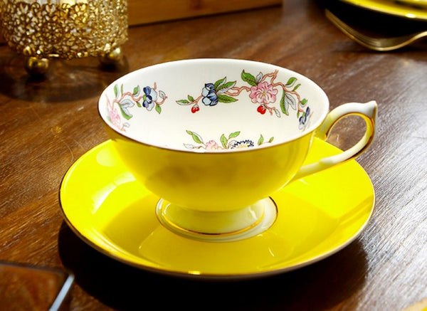 Elegant Yellow Ceramic Cups, Unique Royal Coffee Cup and Saucer, Beautiful British Tea Cups, Creative Bone China Porcelain Tea Cup Set-Paintingforhome