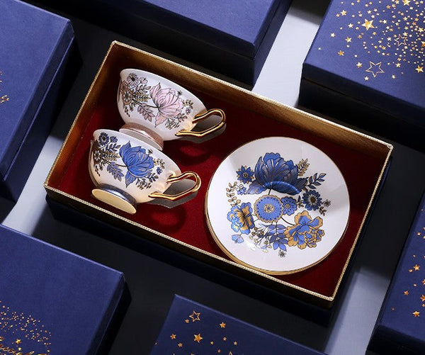 Elegant Ceramic Coffee Cups, Afternoon British Tea Cups, Unique Iris Flower Tea Cups and Saucers in Gift Box, Royal Bone China Porcelain Tea Cup Set-Paintingforhome