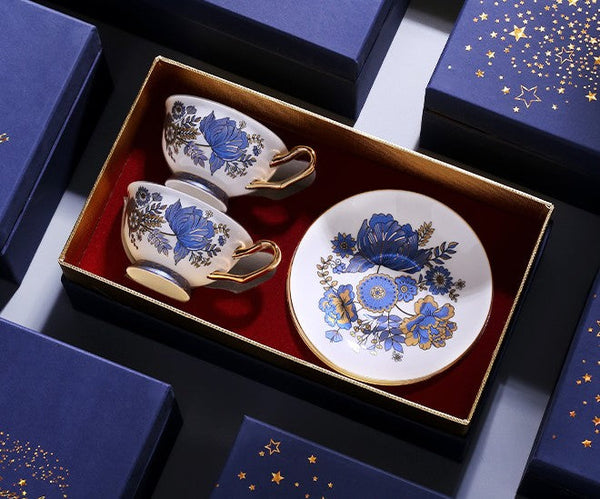 Elegant Ceramic Coffee Cups, Afternoon British Tea Cups, Unique Iris Flower Tea Cups and Saucers in Gift Box, Royal Bone China Porcelain Tea Cup Set-Paintingforhome