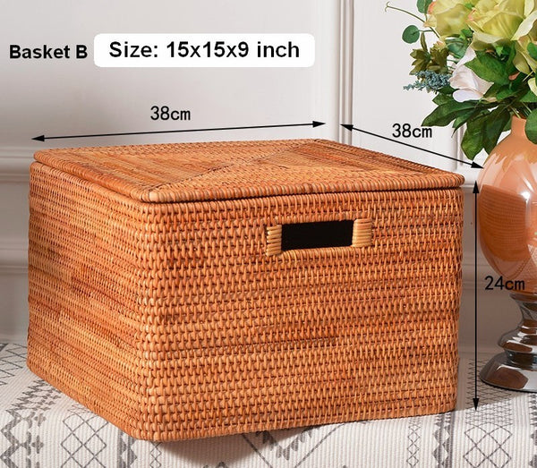Rattan Rectangular Storage Basket with Lid, Extra Large Storage Baskets for Clothes, Storage Baskets for Bedroom, Woven Storage Baskets for Living Room-Paintingforhome