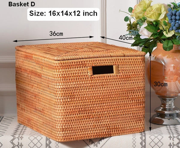 Rattan Storage Basket for Shelves, Rectangular Storage Basket with Lid, Extra Large Storage Baskets for Bedroom, Storage Baskets for Clothes-Paintingforhome