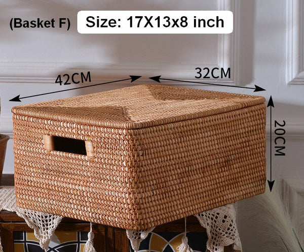 Large Storage Baskets for Clothes, Laundry Woven Baskets, Rattan Storage Baskets for Shelves, Kitchen Storage Baskets, Rectangular Storage Basket with Lid-Paintingforhome