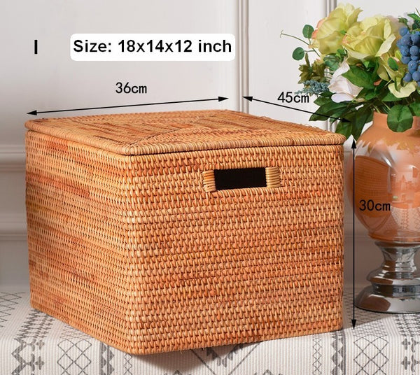 Rectangular Storage Basket with Lid, Rattan Storage Baskets for Clothes, Kitchen Storage Baskets, Oversized Storage Baskets for Living Room-Paintingforhome